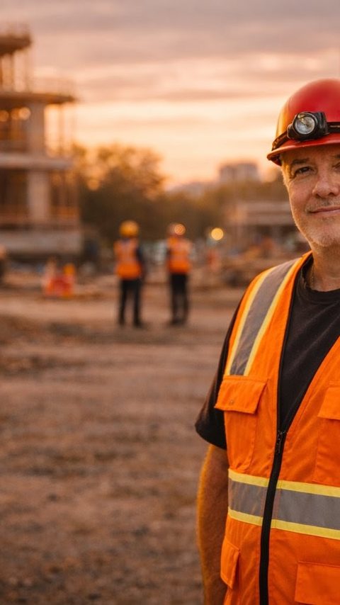 Construction worker with safety equipment at construction site